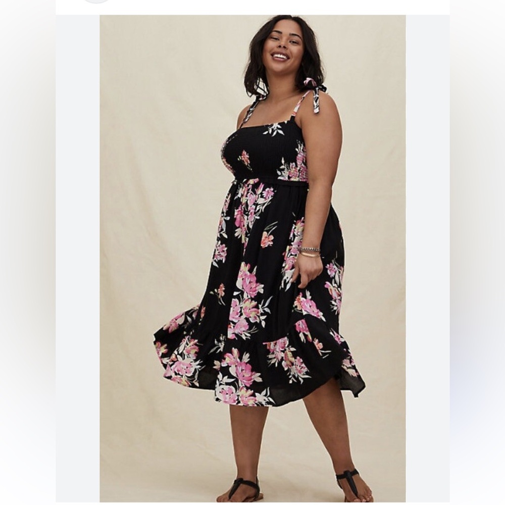 Torrid Black and Pink Floral Challis Tie Strap Dress Size 1